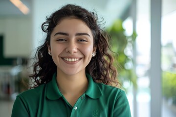 A young mexican community manager wearing a green polo shirt in a white office, laugh