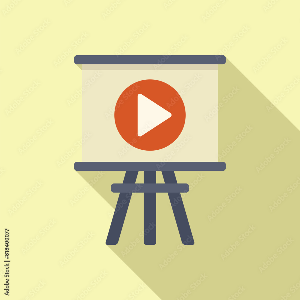 Poster flat design vector icon of a presentation board with a play button symbol, casting a long shadow