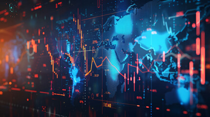 Obraz premium A global stock market concept with a world map in the background and digital financial graphs and charts overlaying it. The image includes various currency symbols, stock market indices, and abstract 
