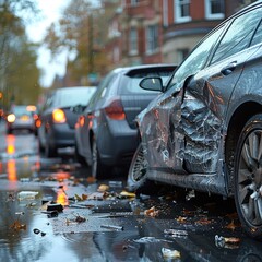 A car accident occurs between two vehicles, at a road intersection. causing damage to the headlights. In the background there is an asphalt road with wet weather conditions
