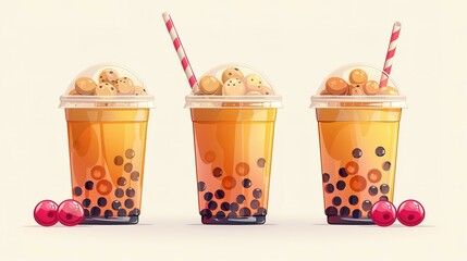 Bubble tea - or pearl boba milk tea - cute vector illustration in simple flat style isolated on white. Cute plastic cup with lid and straw and bright tapioca balls