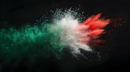 Green, white and red colored powder explosions on black background. Holi paint powder splash in colors of Mexican flag PHOTOGRAPHY
