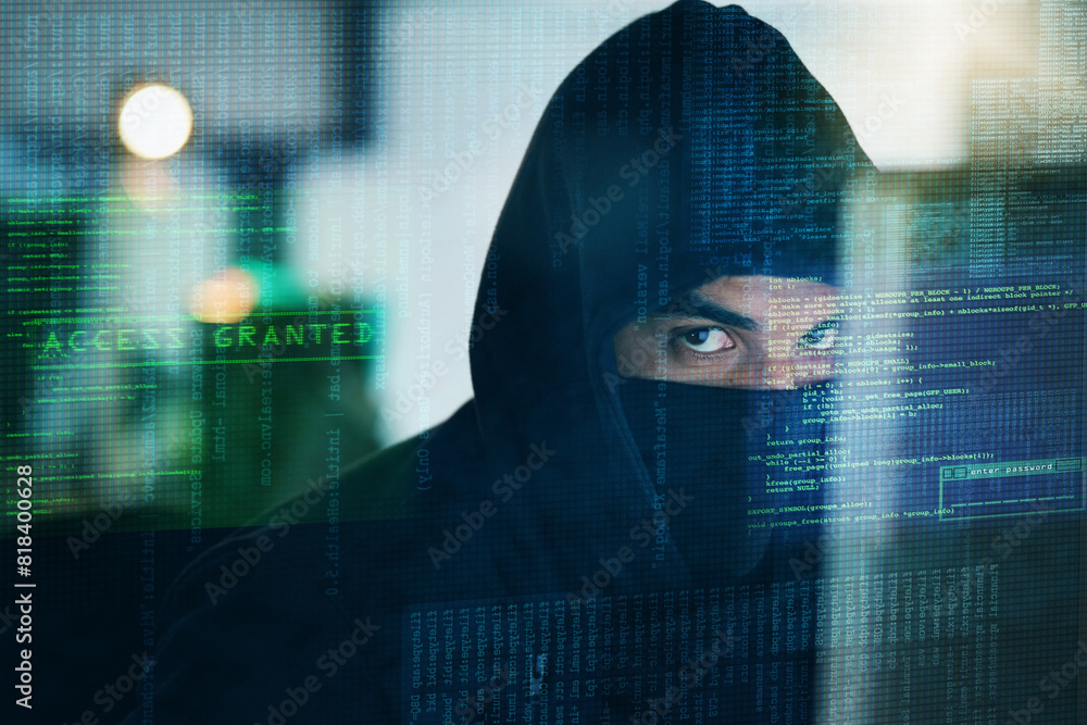 Poster Overlay, hacker and portrait of man for programming, coding and information technology in dark. Cybersecurity, computer interface and person with password for online crime, fraud and install virus