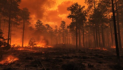 A forest fire in the near future, trees burning and standing on charred ground