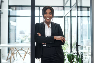 Black woman, portrait and arms crossed of lawyer at law firm for business, advocate and workplace...
