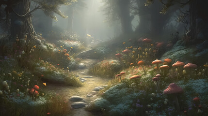 Beautiful Imaginary woodland filled with flowers, mushrooms, and fog