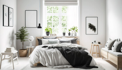 Beautiful Scandinavian style bedroom with light wooden furniture