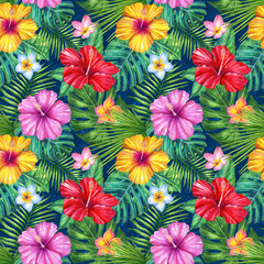 Tropical flowers seamless pattern. Exotic flowers and palm leaves. Plumeria and Hibiscus flowers. Colorful tropical flowers. Summer vacation vibe. Tropical Background. Hawaiian Tropical Plants