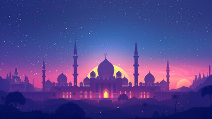 Obraz premium A fantastical illustration of a Middle Eastern city with intricate architecture under a starry twilight sky.