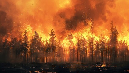 A forest fire in the near future, trees burning and standing on charred ground