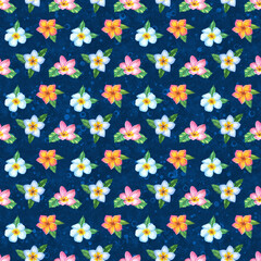 Tropical flowers seamless pattern. Exotic flowers and palm leaves. Plumeria and Hibiscus flowers. Colorful tropical flowers. Summer vacation vibe. Tropical Background. Hawaiian Tropical Plants
