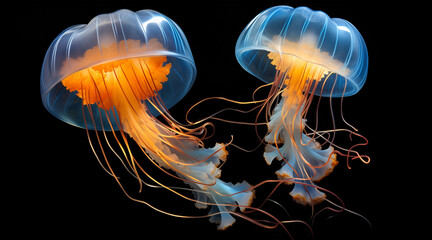 A smack, bloom, or fluther of blue and yellow luminescent jellyfish floating deep in the ocean