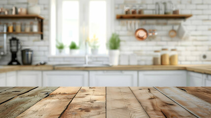 Grunge natural wooden table top with copy space for product advertising over blurred kitchen background at home PHOTOGRAPHY
