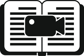 Black and white icon depicting a book with a video camera, symbolizing multimedia learning