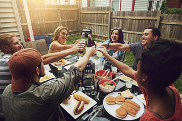 People, toast and bbq at party, backyard or happy for food, diversity or celebration in summer....