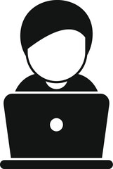 Simplified black and white icon of a person using a laptop computer