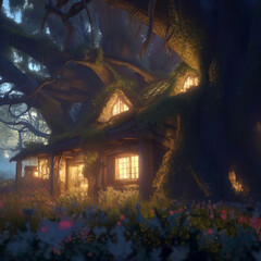 Cottage overgrown with ancient trees. Surreal mystical fantasy artwork