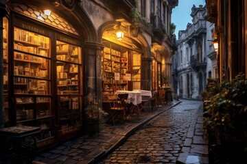 Fototapeta na wymiar An Old-world Charm: Antique Bookstore Tucked Away in a Brick-lined Alley under the Soft Light of Gas Lamps