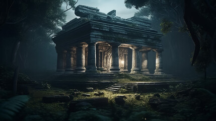 Ancient temple in forest at night, overgrown ruins of old building. Surreal mystical fantasy artwork