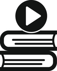 Black and white icon symbolizing online learning with stacked books and a play symbol