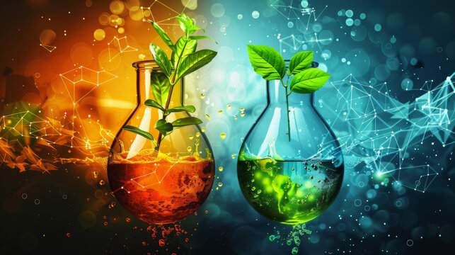 Artistic illustration showing glass flasks containing vibrant plants, symbolizing the fusion of nature and science.