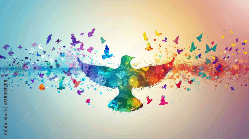 Poster a stunning artistic representation of a dove, transforming into a cascade of multicolored butterflie