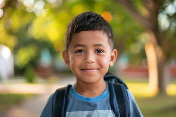 Happy Latino Boy with Backpack Outside Ready for Back to School or Hiking Adventure
