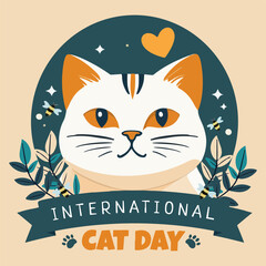 International Cat Day greeting card, banner with template text vector illustration. A card dedicated to International Cat Day or August 8 with white cat and lettering on a pastel background.