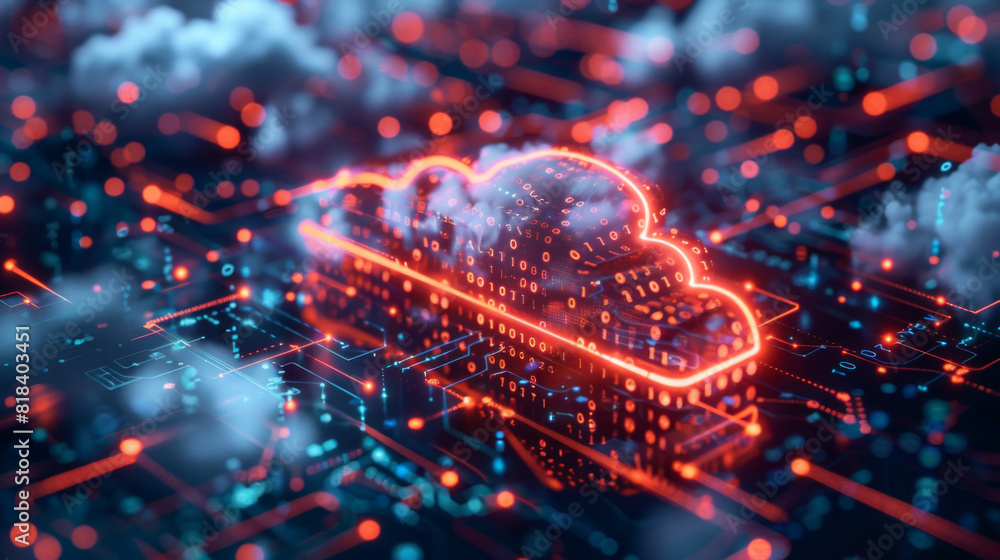 Poster a digital illustration of a cloud computing network, symbolizing connectivity and data storage techn