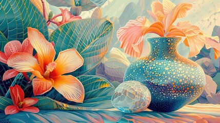 A detailed view of a vibrant painting showcasing a vase, a flower, and a leaf