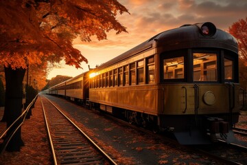Obraz premium An Antique Train Car Resting on a Rustic Railway Platform Amidst Fall Leaves under a Dusky Sky