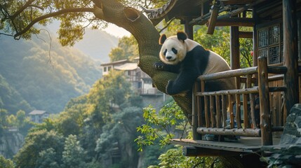 Depict a retirement village situated among the boughs of a colossal panda tree