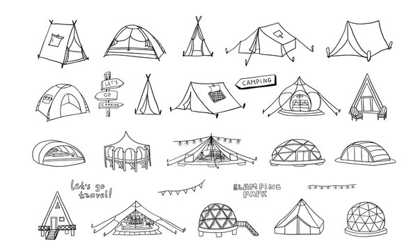 Large set of glamour camping and camping tents in doodle style. Capsule rooms in the mountains, wigwams, glass yurts, bubble rooms. Glamping elements. Luxury Campsites. Travel design. Hand drawn