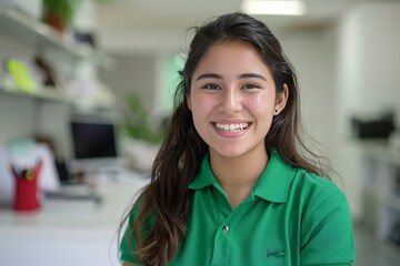 A young mexican community manager wearing a green polo shirt in a white office, laugh