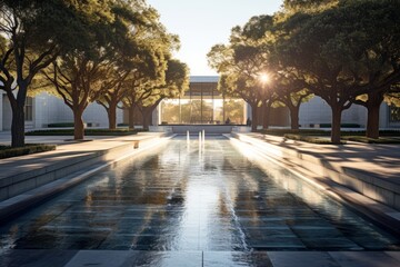 Sunset Glow on the Park Fountain Plaza: A Symphony of Light and Shadows