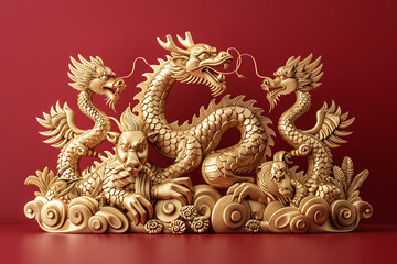 golden chinese dragons home decor, on red background