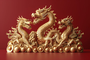 Fototapeta premium golden chinese dragons home decor, on red background