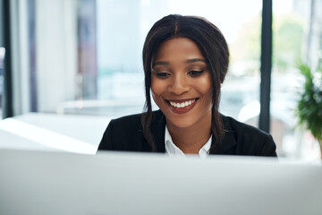 Black woman, face and legal advisor with computer in office for planning, research project and...