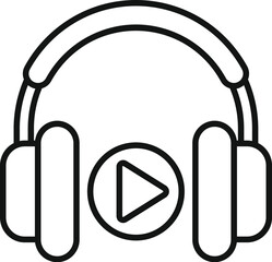 Black line art icon featuring overear headphones with a central play symbol on white background