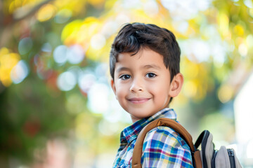 Happy Latino Boy with Backpack Outside Ready for Back to School or Hiking Adventure