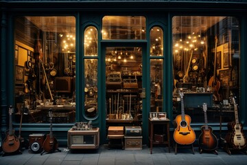City Music Shop with an Array of Musical Instruments Visible Through the Window