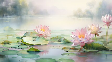 Tranquil watercolor scene depicting a serene pond surrounded by lotus flowers in shades of pink and white