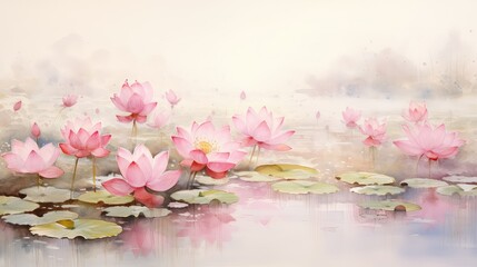 Tranquil watercolor scene depicting a serene pond surrounded by lotus flowers in shades of pink and white