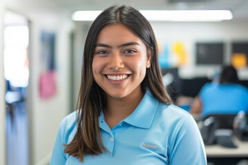 A young mexican community manager wearing a blue polo shirt in a white office, laugh