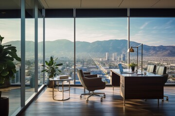 Sophisticated Workspace in Mocha Brown with Contemporary Furniture and an Impressive Urban View