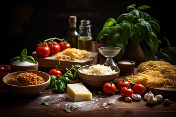 A plate of pasta with cherry tomatoes, fresh basil, and grated cheese on a wooden table