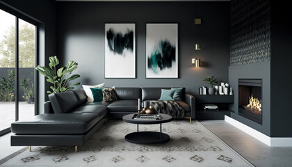 Modern living room with a sleek leather sectional