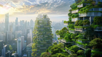 Eco-Friendly Metropolis: Futuristic Cityscape with Vertical Gardens and Green Roofs Promoting Sustainable Urban Living