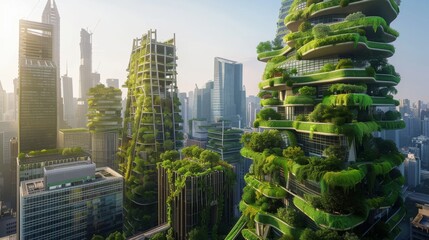 Obraz premium Emerald Metropolis: Futuristic Cityscape with Vertical Gardens and Sustainable Urban Living