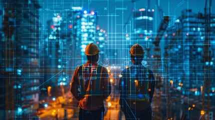 Innovating with hands-on expertise, a futuristic digital blueprint overlays construction workers in action.